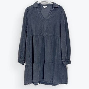 Umgee Mineral Wash Corduroy Blue Gray Distressed Tiered Long Sleeve Dress Small